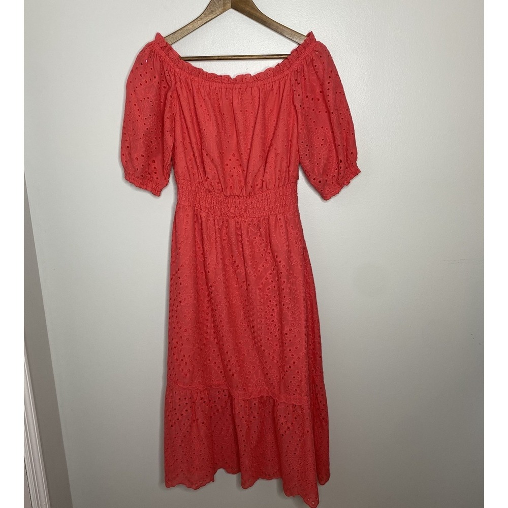 Betsey‎ Johnson Midi Dress Women's Medium Eyelet Off The Shoulder Coral Pink